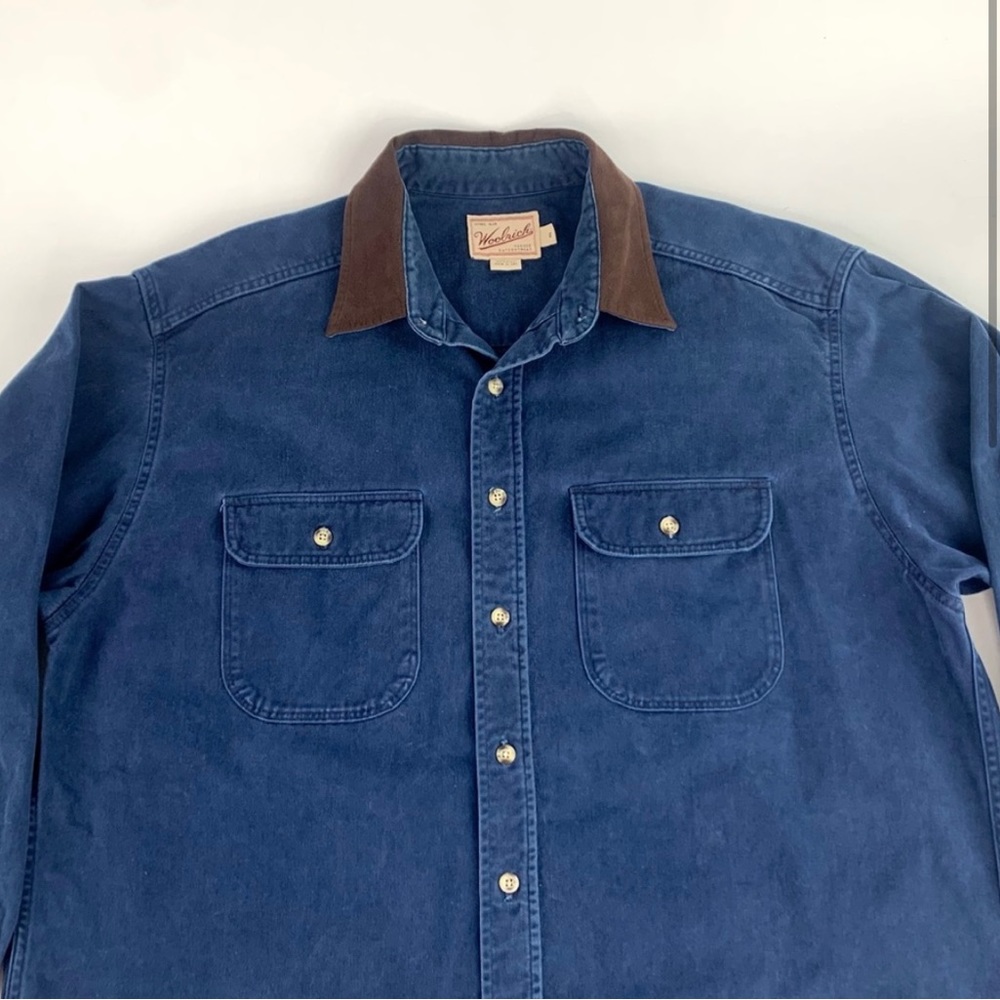 Vintage Woolrich Mens Heavy Twill Work Barn Shirt Navy Blue Button Up Sz XL USA